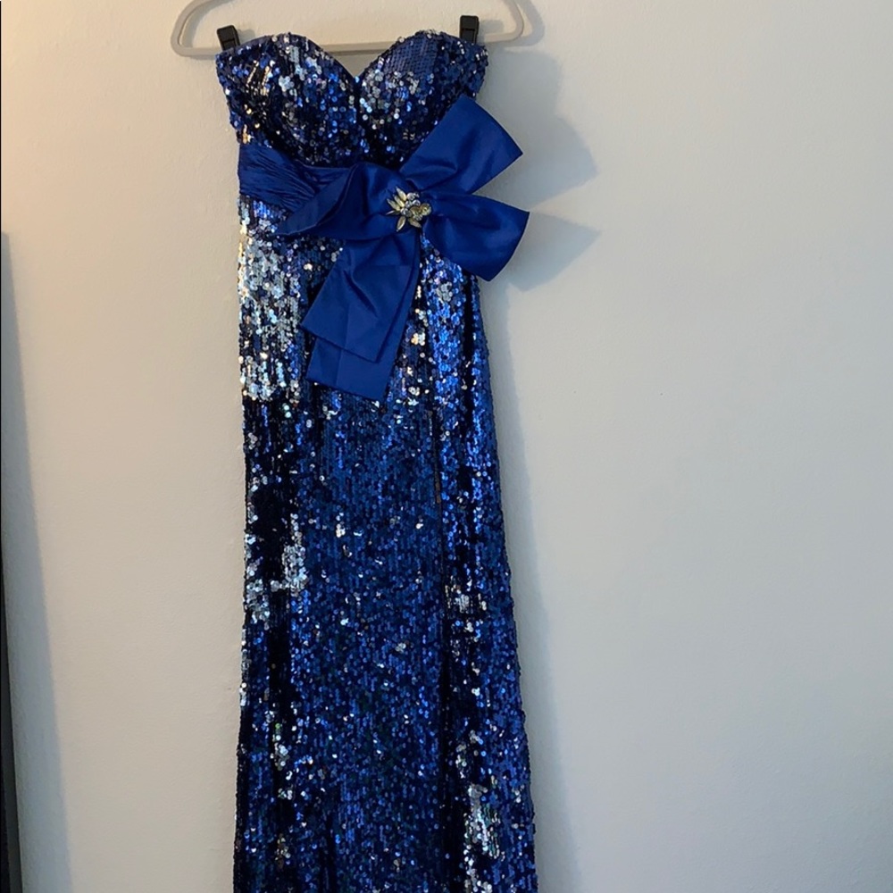 Blue & Silver sequin prom dress w/ blue satin bow